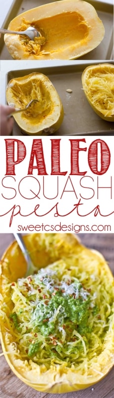 Make Paleo Pesto with Spaghetti Squash! This is an easy healthy vegetarian weeknight meal!